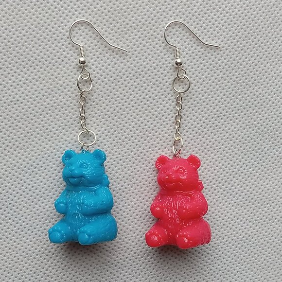 Fun Weird Earrings, Blue & Red Teddy Bear Earrings, Wild, Funky, One of a Kind - Picture 2 of 7